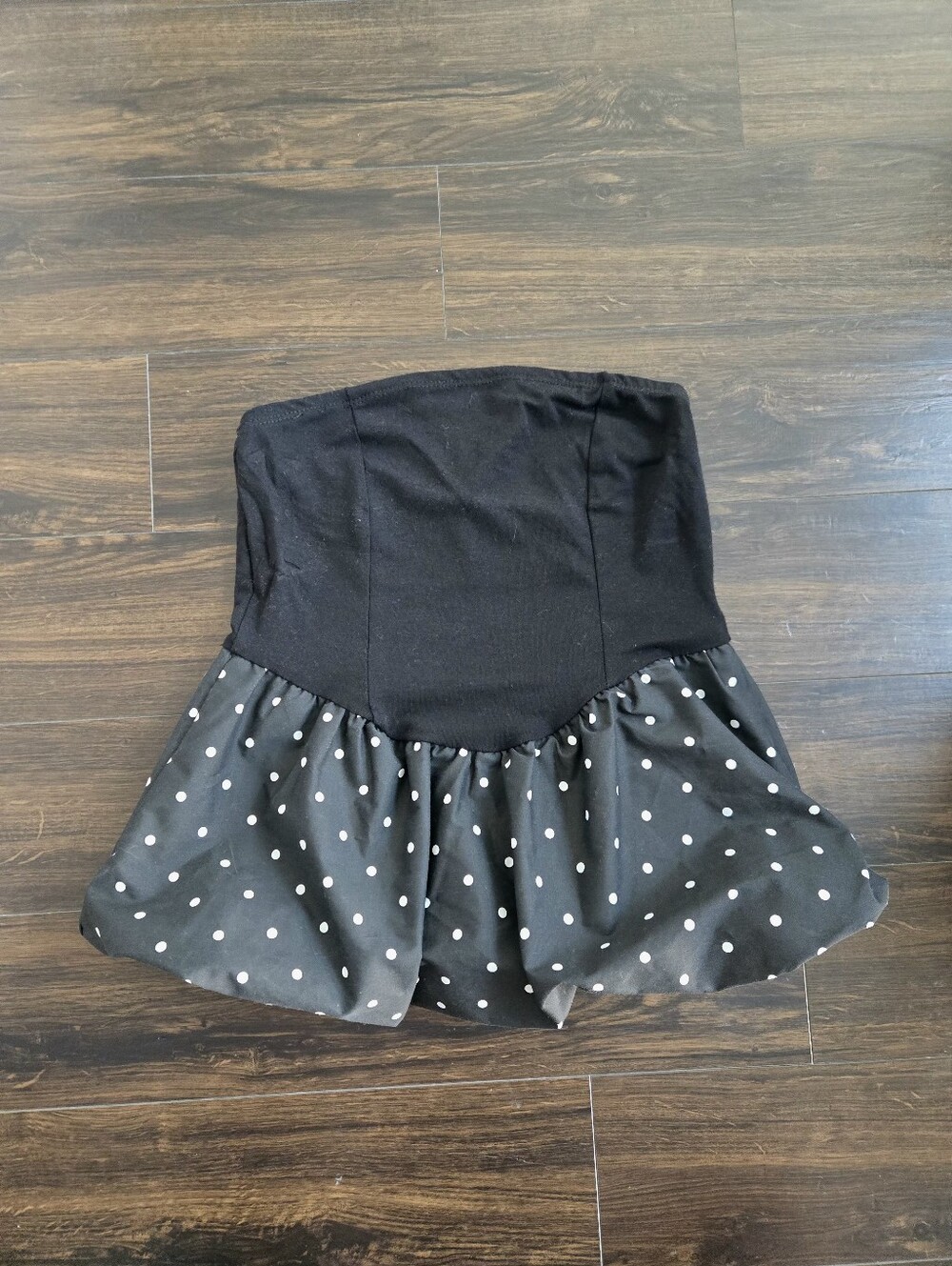 Black Polka Dot Strapless Peplum Bubble Top - No Comment - Size Small